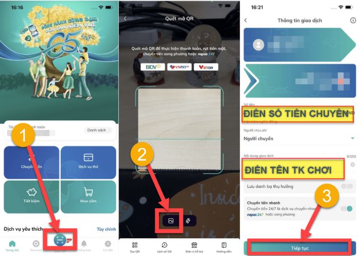 Quét mã QR của nhà cái tại app ngân hàng bạn đang dùng