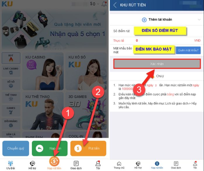 Các bước rút tiền kubet trên mobile